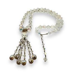 Aurora Borealis Glass Crystal Bead Necklace Long Necklace Tassel Gold Tone 50s